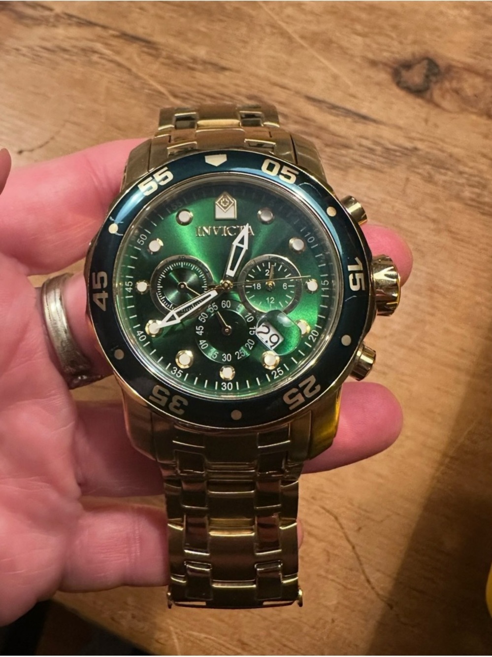 Invicta Pro-diver Gold and Green Stainless Chronograph Watch